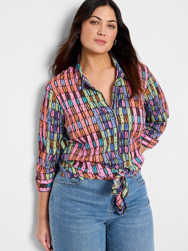 Long-sleeve button-down shirt with multicolored vertical stripes.  Predominant colors: pink, teal, brown, black. ...