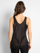 Black scoop-neck tank top; woven, satin-like fabric; shown from the back.