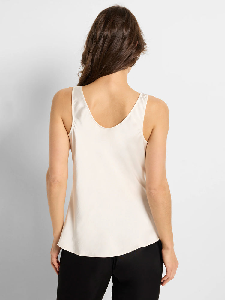 Off-white scoop-neck tank top; woven fabric; sleeveless;  back view.