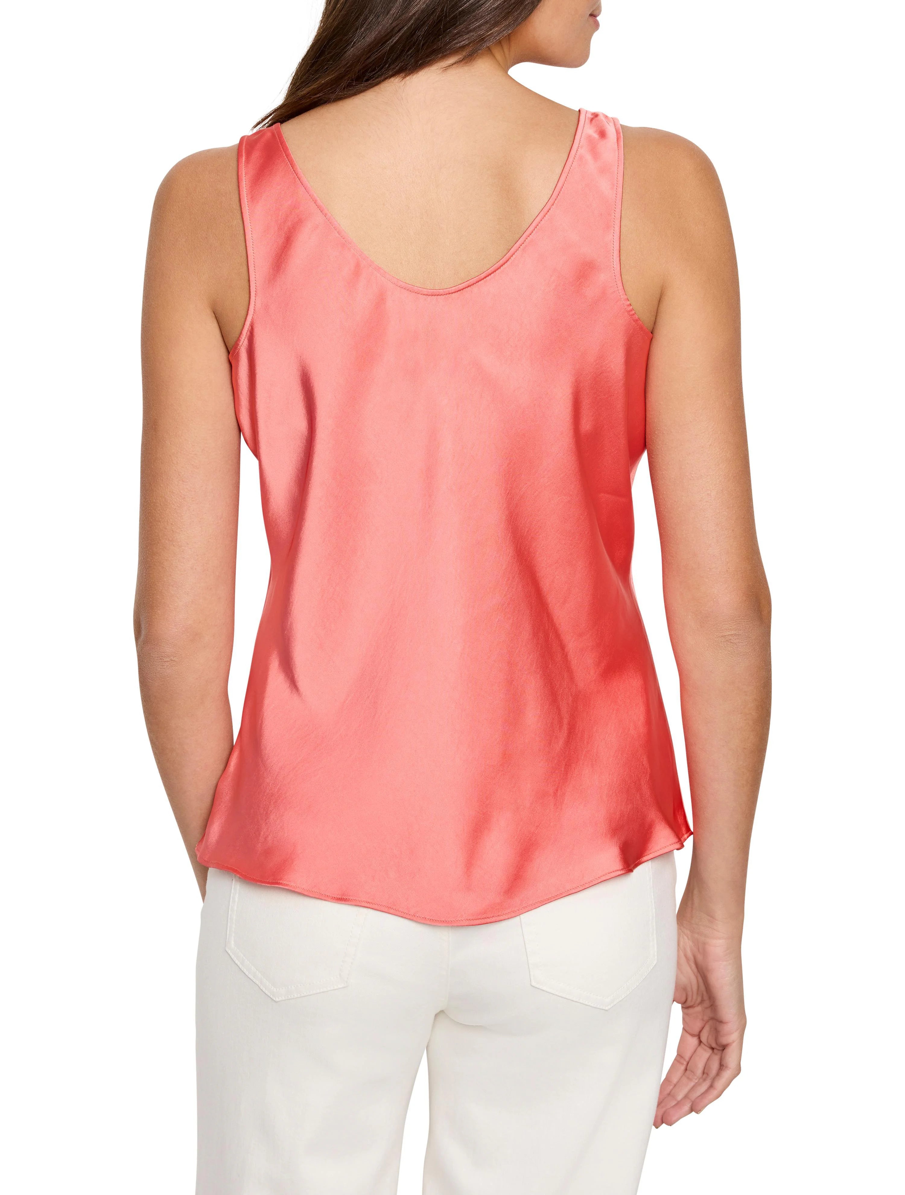 Coral-colored sleeveless scoop-neck satin top.  Back view.