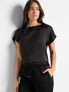 Black, short-sleeved woven top.  Boat neck.  Shiny satin-like texture.