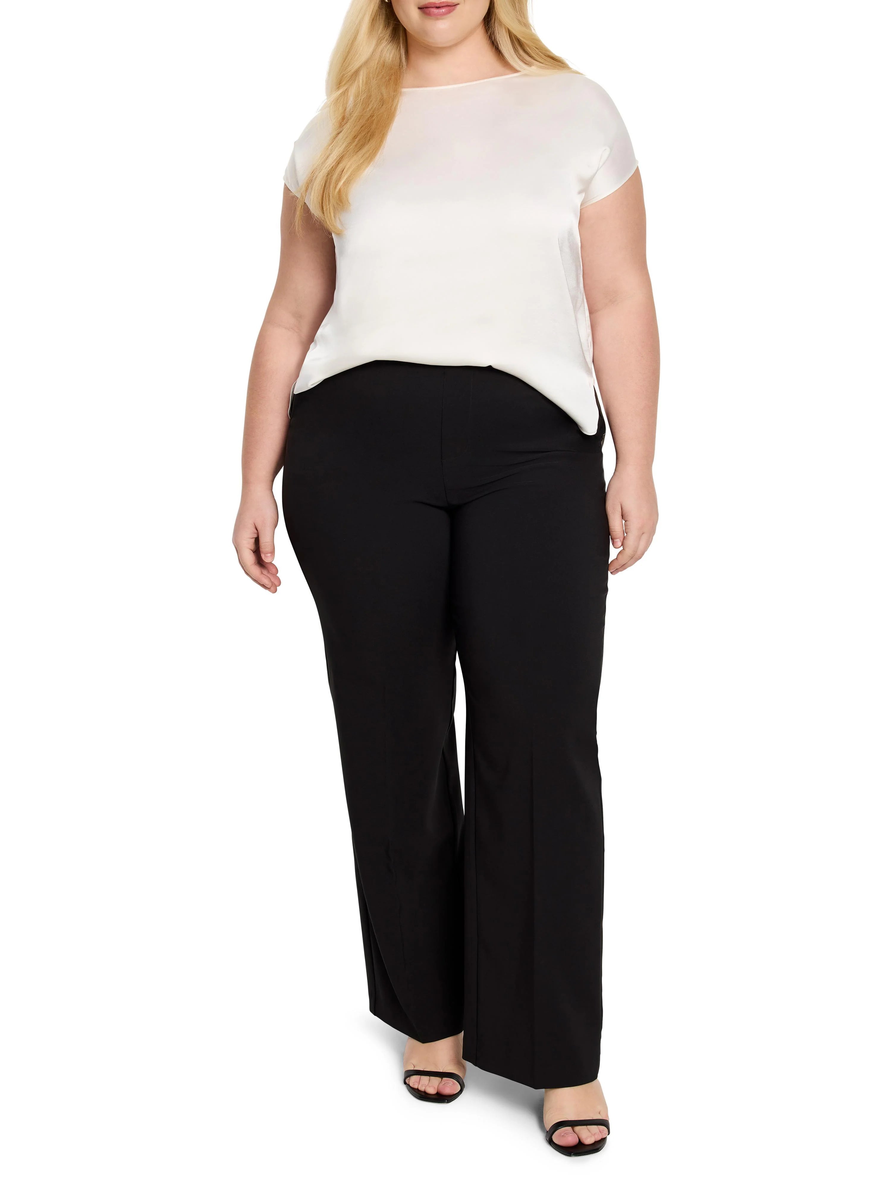 Creamy white tee with a glossy, woven texture, boat neck, and cap sleeves. Relaxed fit.