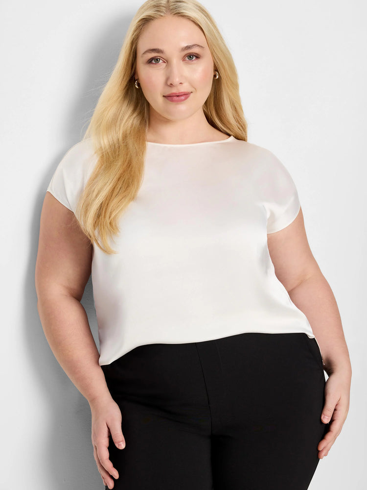 Creamy white woven tee with a subtle sheen, wide neckline, and short cap sleeves.