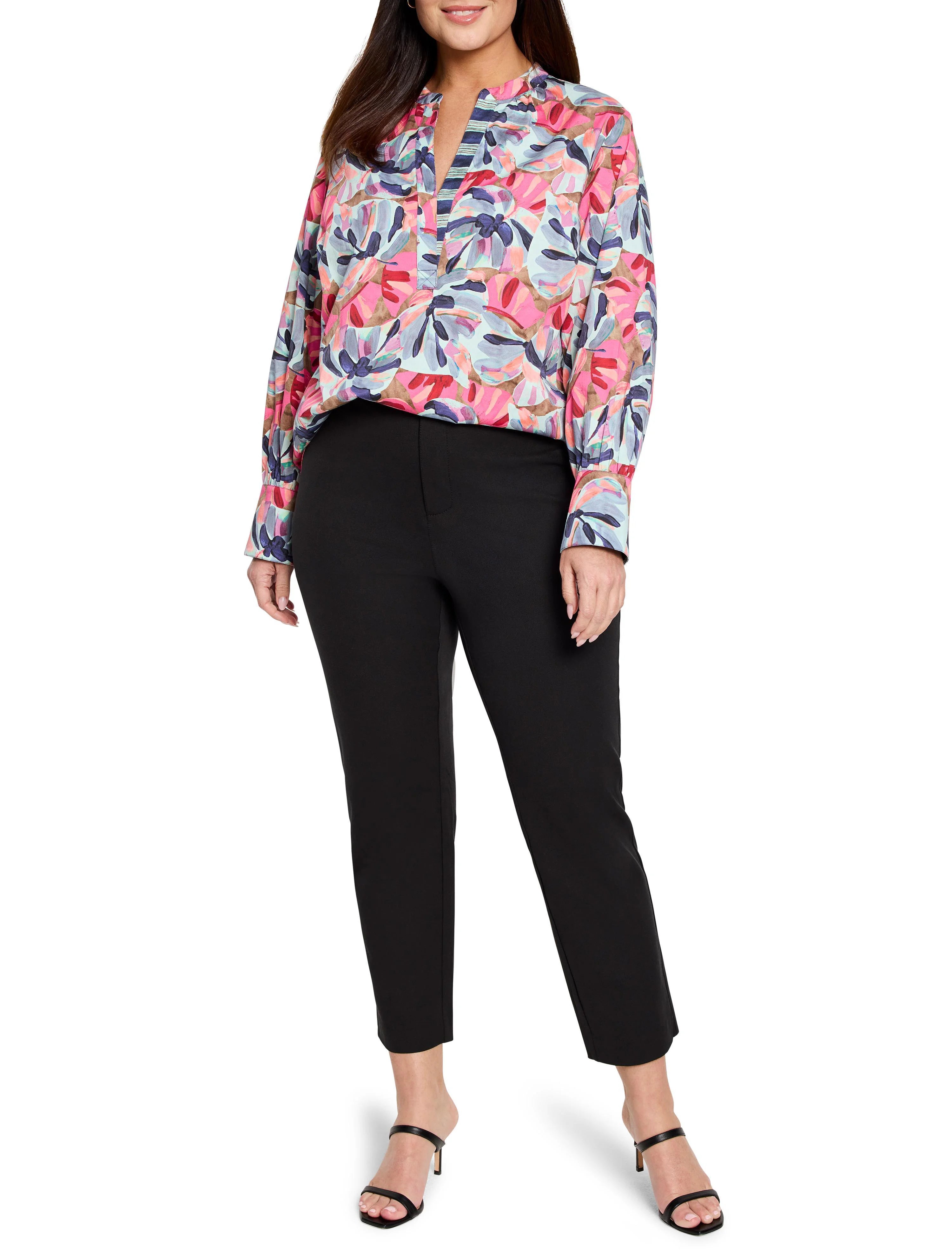 Pink, teal, and purple abstract floral print long-sleeve blouse with a V-neck.