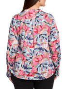 Pink, teal, and mauve floral print woven top with long sleeves and button placket. Back view.