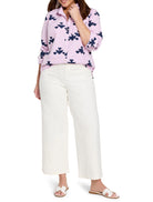 Pink & navy shirt with thin stripes and abstract stamped pattern.  Long sleeves, button-down.