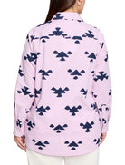 Pink and navy shirt.  Vertical stripes.  Dark navy abstract stamp print. Long sleeves, collared.