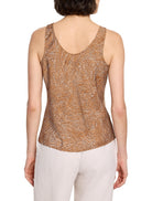 Brown sleeveless tank top with a white and brown swirling pattern.  Back view.