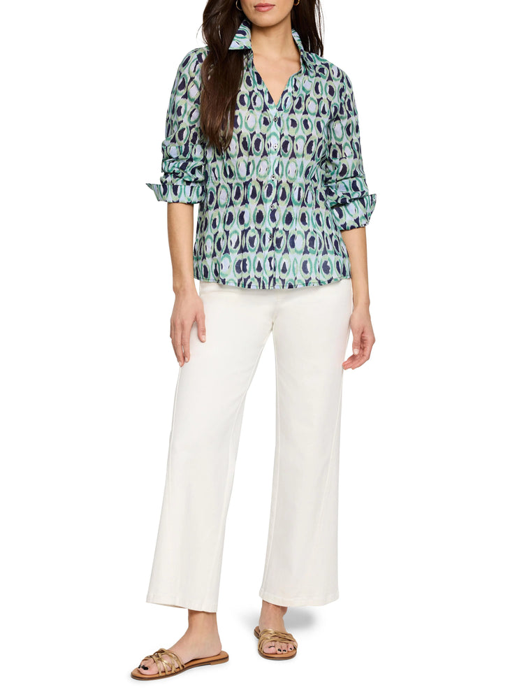 Green, teal, and navy blue patterned long-sleeve button-down shirt. Ikat print.