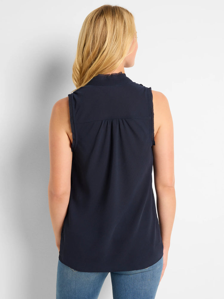 Here's alt text for the image, under 125 characters:

Navy blue sleeveless woven tank top; back view.  Features a...