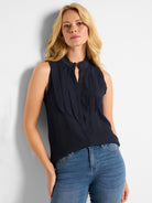 Dark navy sleeveless top with pleated, frayed detailing at the neckline and front.  Button front closure.