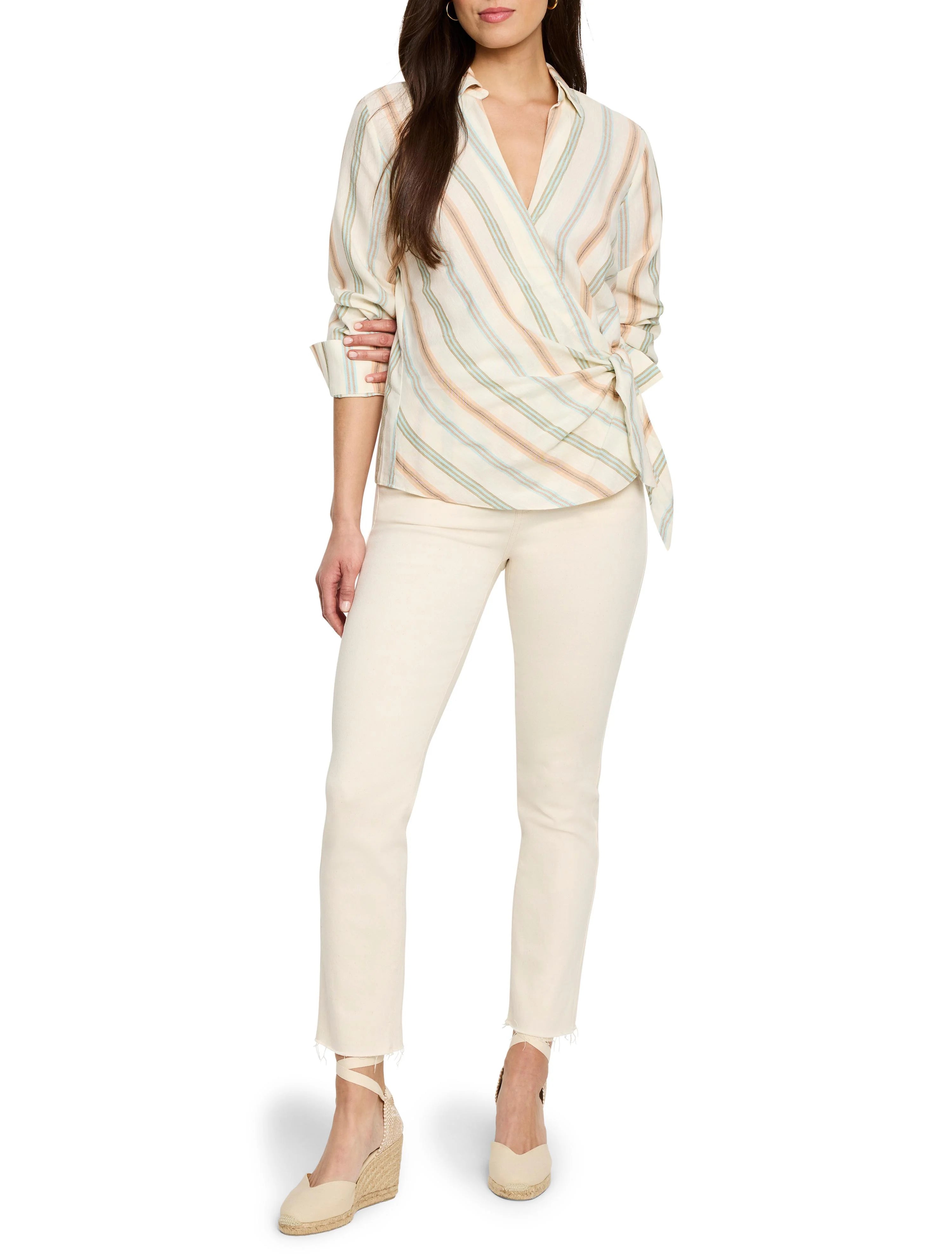 Off-white wrap top with diagonal stripes in peach, green, and beige.  Long sleeves, tied waist.