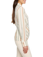 Cream-colored top with vertical stripes in peach, light teal, and olive green.  Long sleeves, collared.