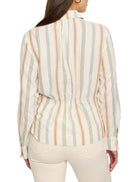 Cream-colored shirt with vertical stripes in peach, light blue, and olive green.  Long sleeves, fitted waist.