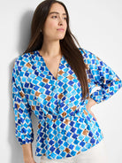 Mosaic Sofia Top: White background with blue, brown, and black abstract mosaic print.  V-neck, 3/4 sleeves.  Loose fit.