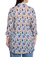 Crinkled, multicolored shirt with geometric print.  Blues, oranges, pinks, greens, and beige.  Three-quarter sleeves,...