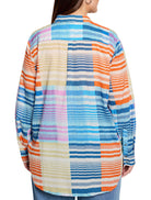Cotton shirt; blue, orange, pink, & beige block stripes.  Long sleeves, button-front.