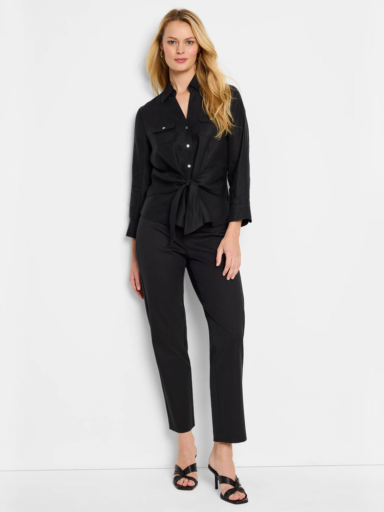 Black tie-front shirt; long sleeves, button closure.