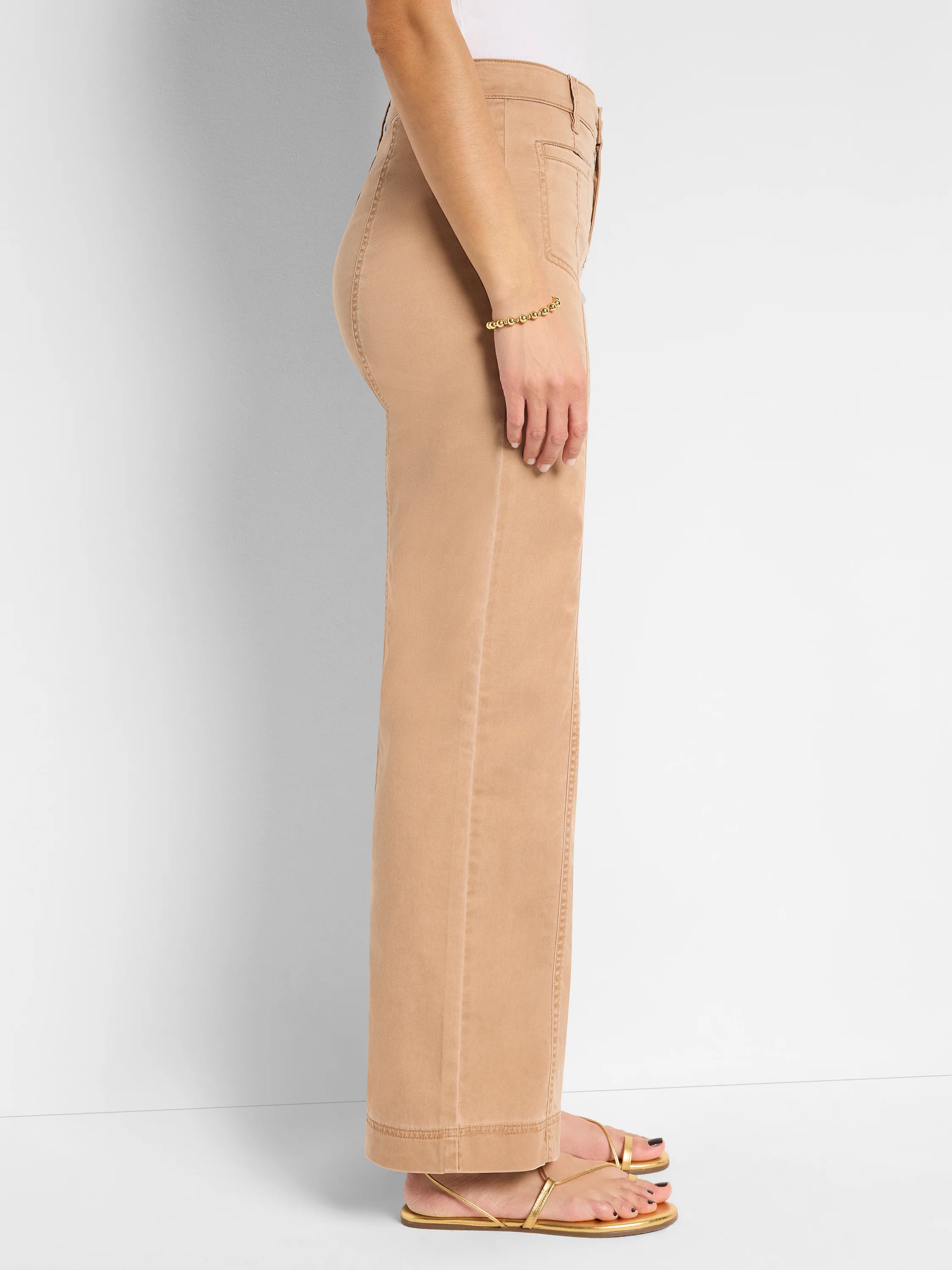Light brown, wide-leg cotton sateen pants;  cuffed hems, side seams visible.