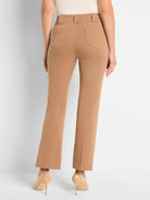Tan demi boot-cut cotton pants, viewed from behind, featuring back pockets and belt loops.