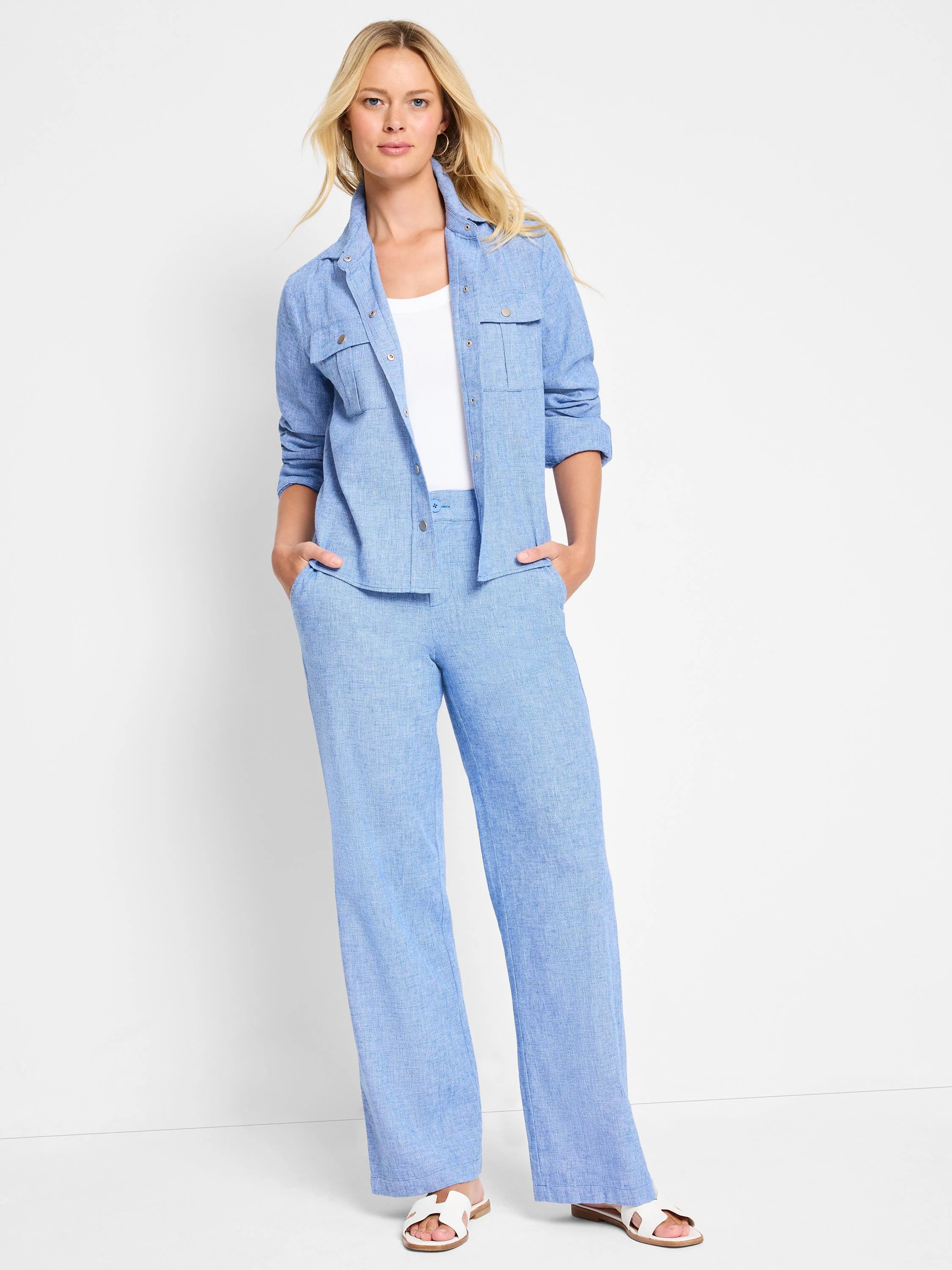 Light blue linen-cotton wide-leg pants;  model wears them with a matching light blue shirt.