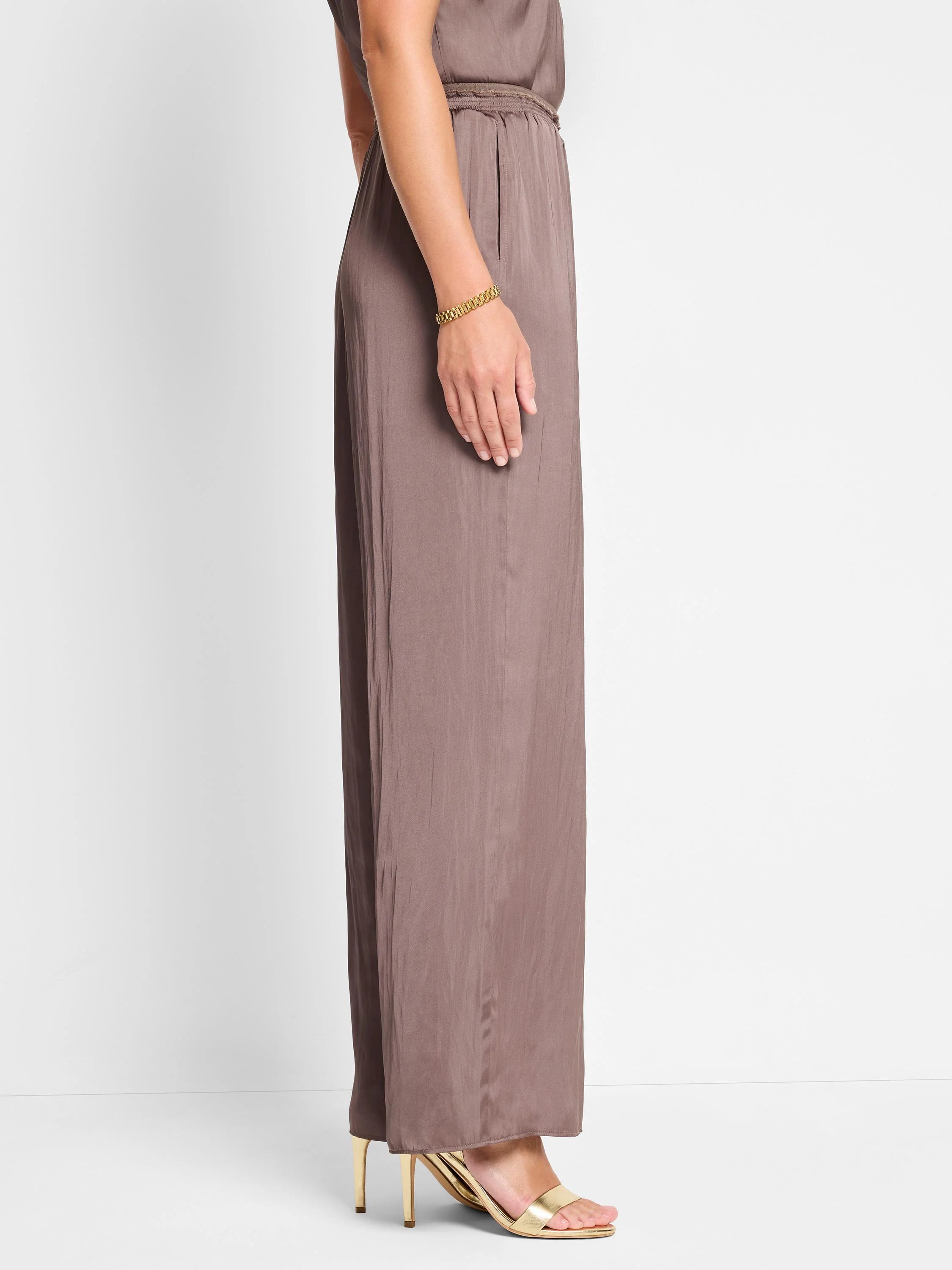 Mauve pull-on pants; wide leg; glossy sheen.