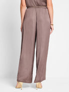 Mauve pull-on pants; wide leg; glossy sheen; elastic waistband.