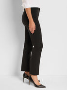 Black straight-leg pants, fitted through the hips, falling straight to the ankle.