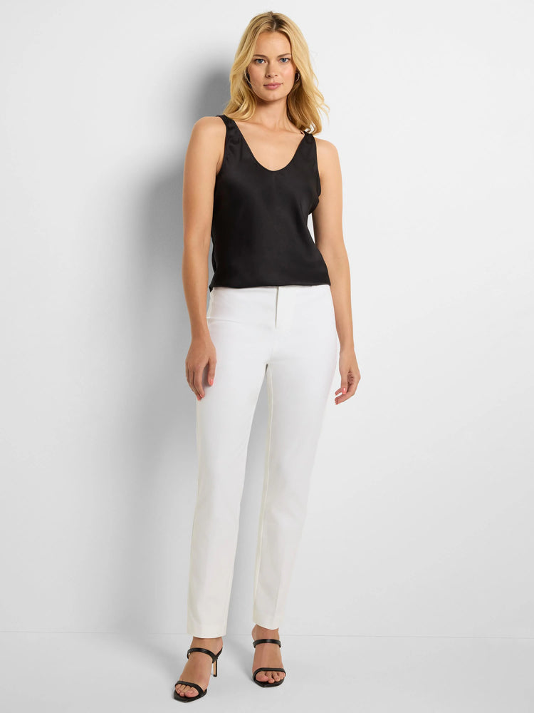 White straight-leg pants with a front fly and flat front.