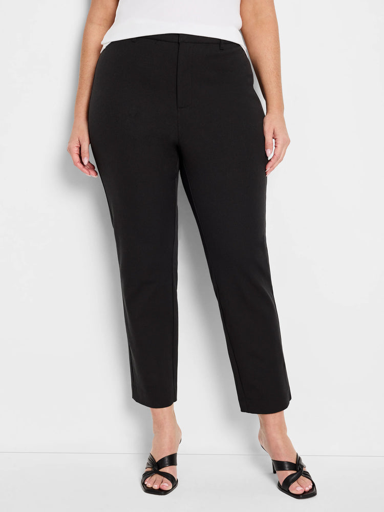 Black straight-leg pants with a flat front, hook/bar closure, and cropped length.