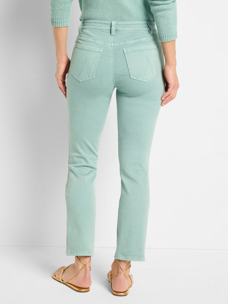 Pale mint green, high-waisted, slim-fit denim jeans cropped above the ankle.