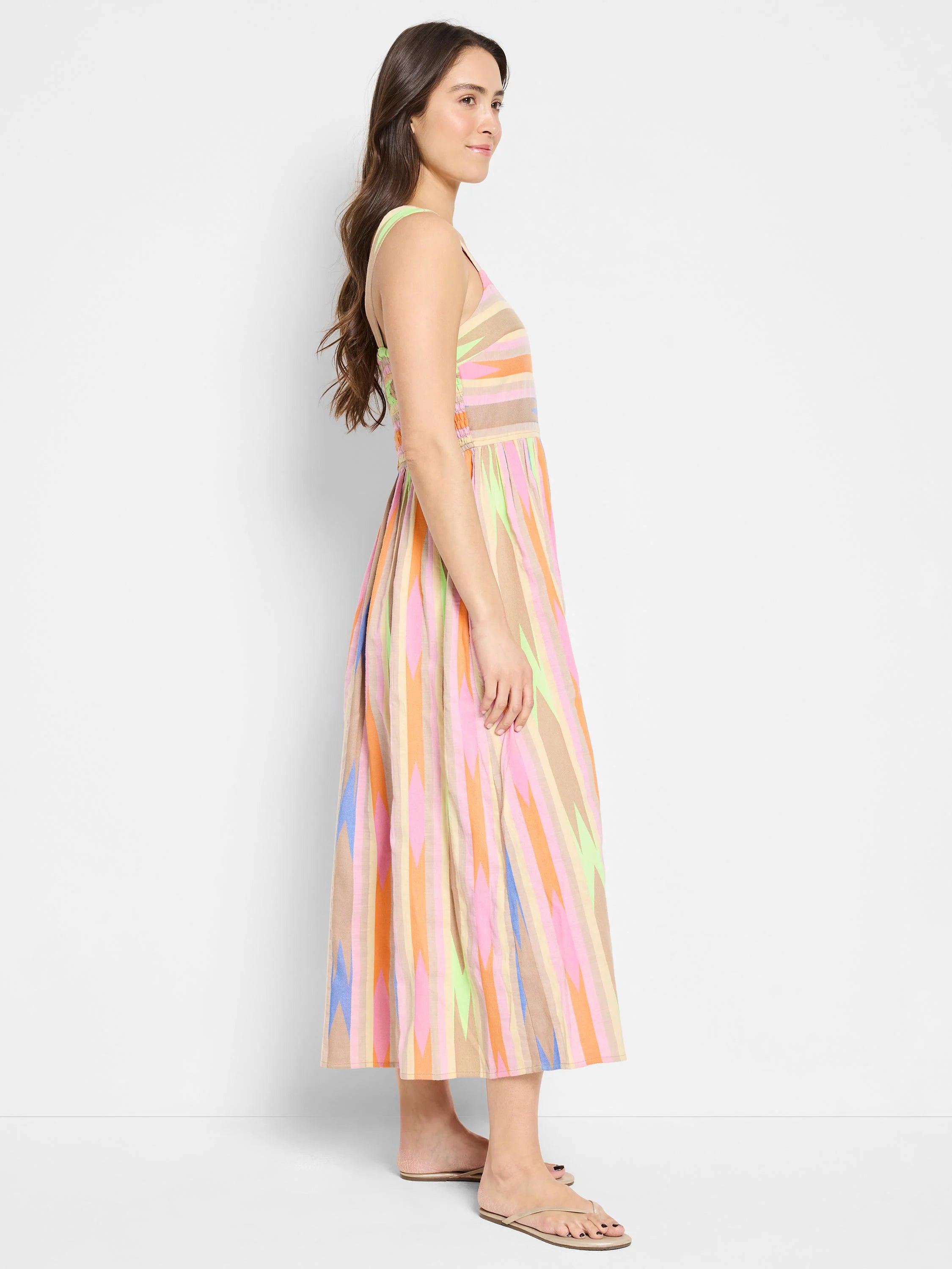 Midi dress with multicolored vertical stripes in pink, orange, beige, light green, and light blue.  Sleeveless, fitted...