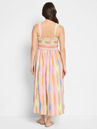 Midi dress, multicolored vertical stripes in pink, orange, light blue, lime green, and beige.  Smocked bodice, thin straps.