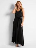 Black maxi dress, V-neck, sleeveless,  empire waist with self-tie belt.