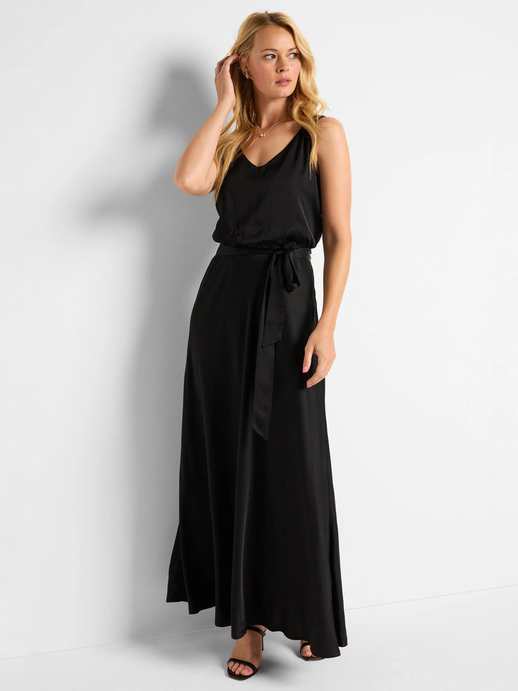 Black maxi dress, V-neck, sleeveless,  empire waist with self-tie belt.