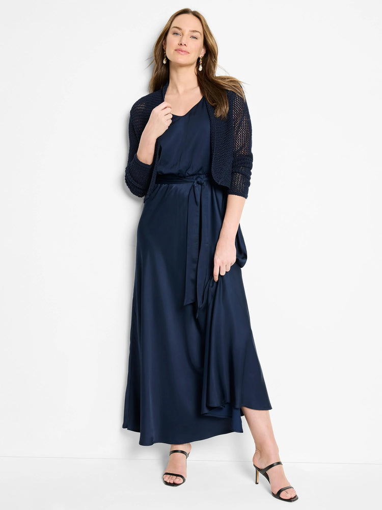 Navy blue maxi dress with matching open knit bolero.  A-line skirt, belted waist.
