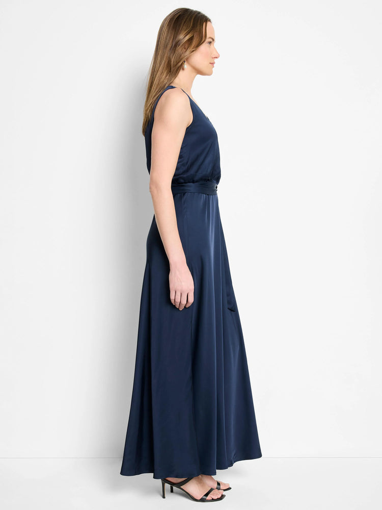 Navy blue maxi dress with sleeveless bodice and self-tie belt.