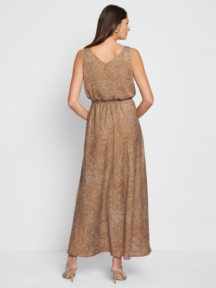 Brown maxi dress with a V-neck and white abstract print.  Elastic waist. Sleeveless.