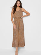 Brown maxi dress with a white abstract print, sleeveless, V-neck, and a self-tie belt.