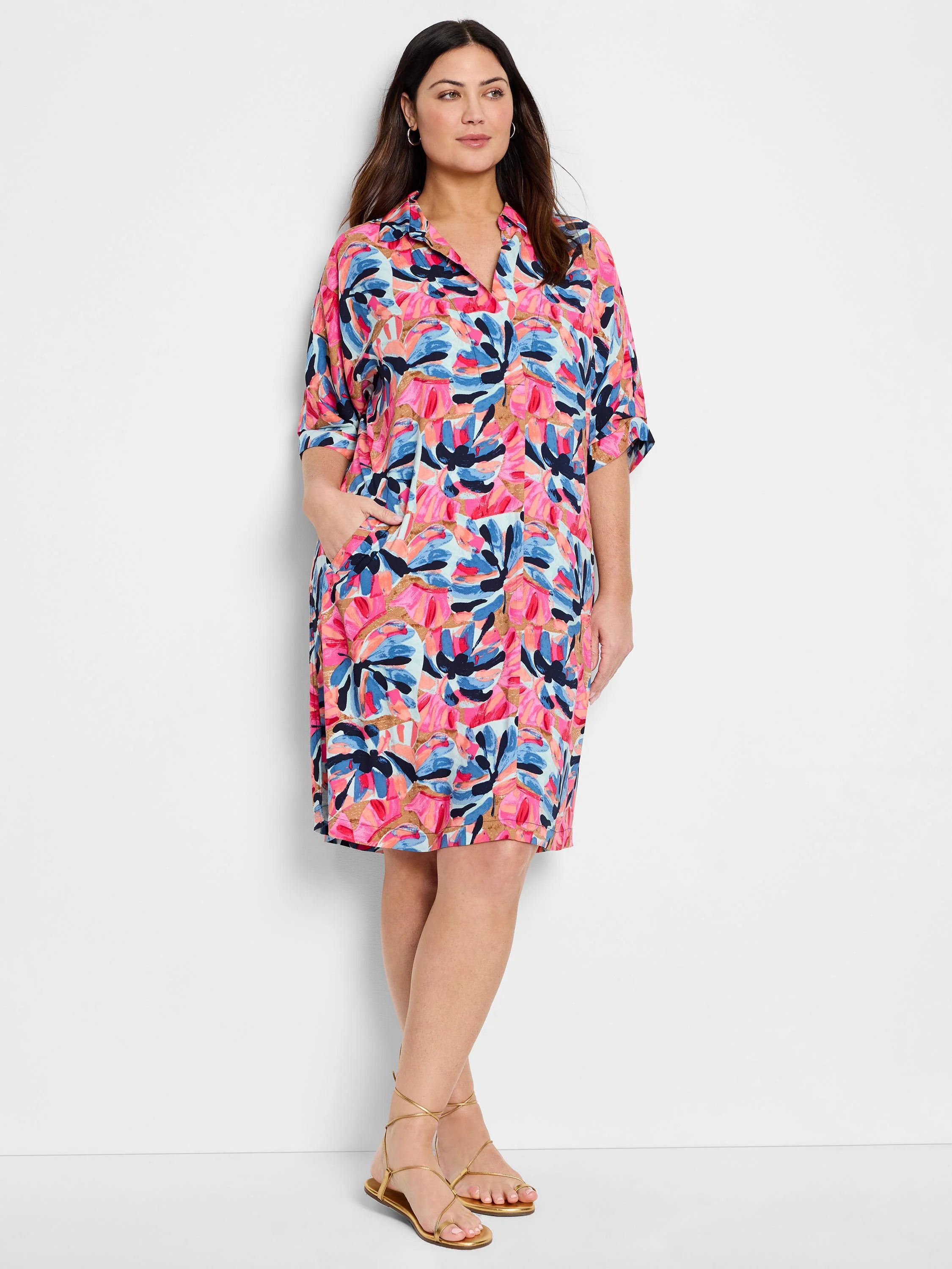 Pink, blue, and beige abstract floral print shirt dress; knee-length, short sleeves, collared.