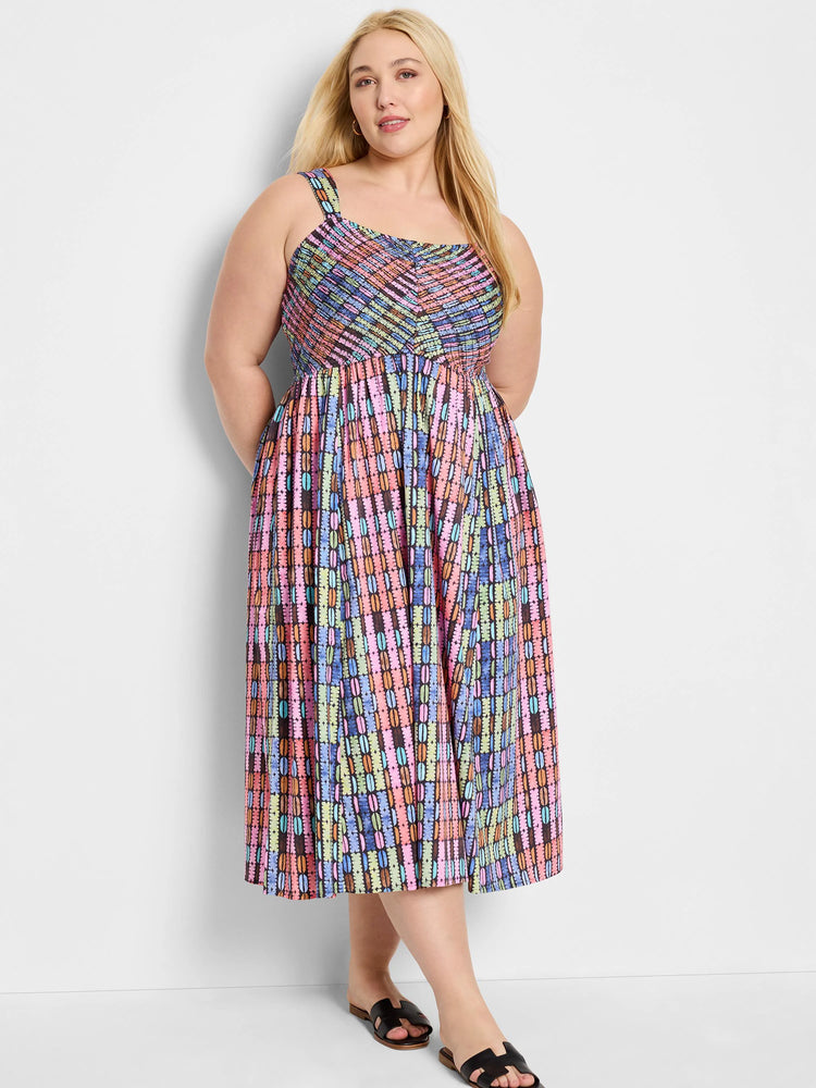 Midi dress, multicolored vertical stripes, pink, orange, blue, green on black background.  Strapless, fitted bodice,...