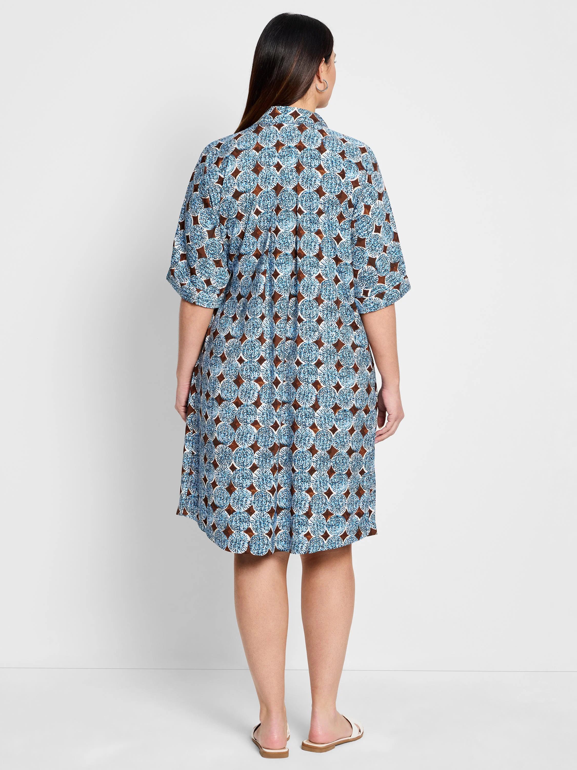 Blue and brown patterned knee-length dress. Short sleeves, collared.  Back view.