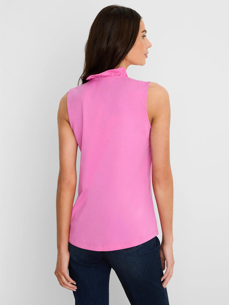 Fuchsia sleeveless tank with ruffled collar.