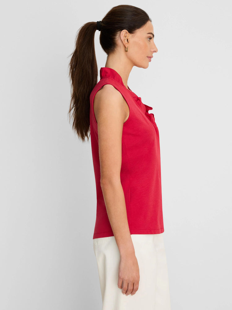 Red tank top with a ruffled neckline.