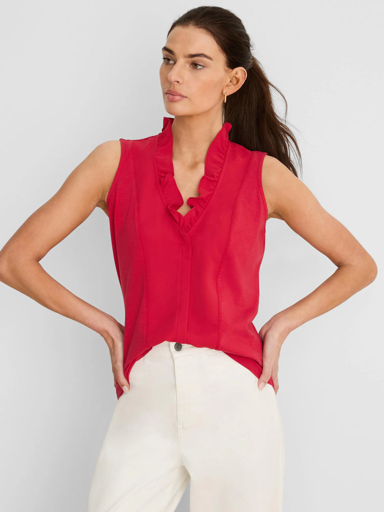 Red sleeveless tank with ruffled V-neck collar.