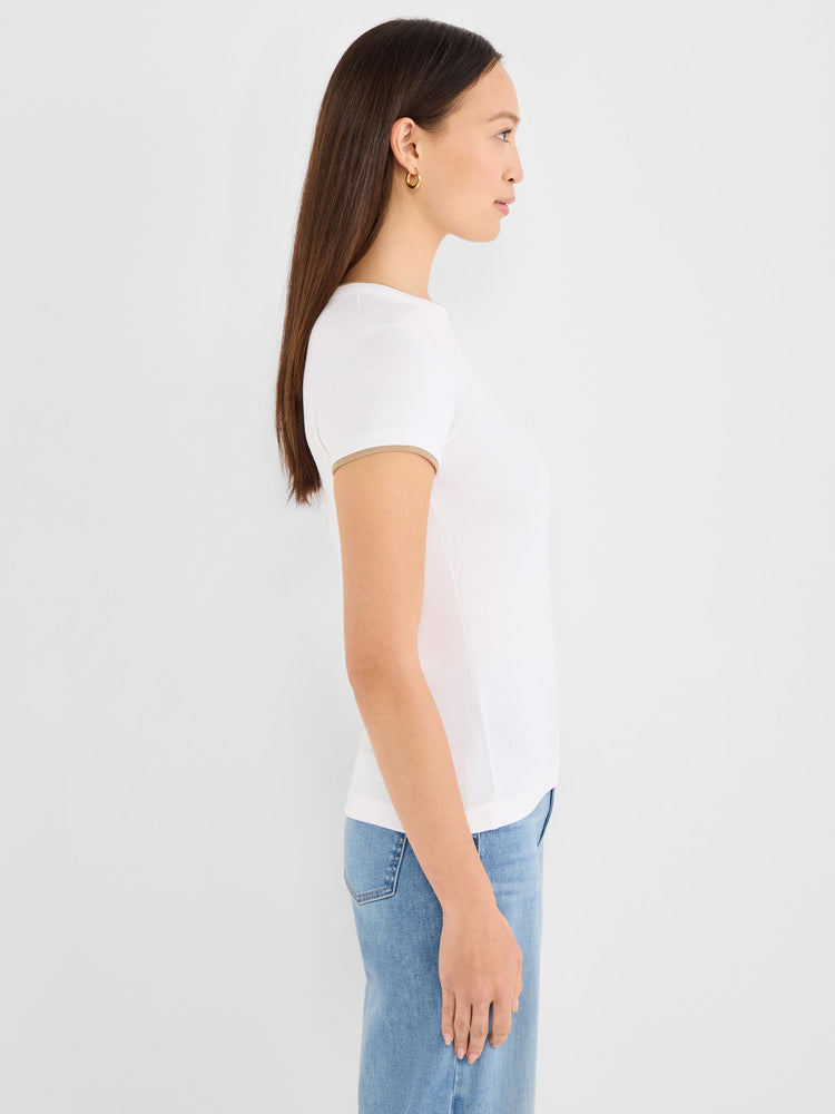 This slim-fit white ribbed short-sleeve tee features contrasting beige trim on the crew neck and cuffs.