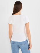 White ribbed fitted tee with short sleeves and contrast trim.