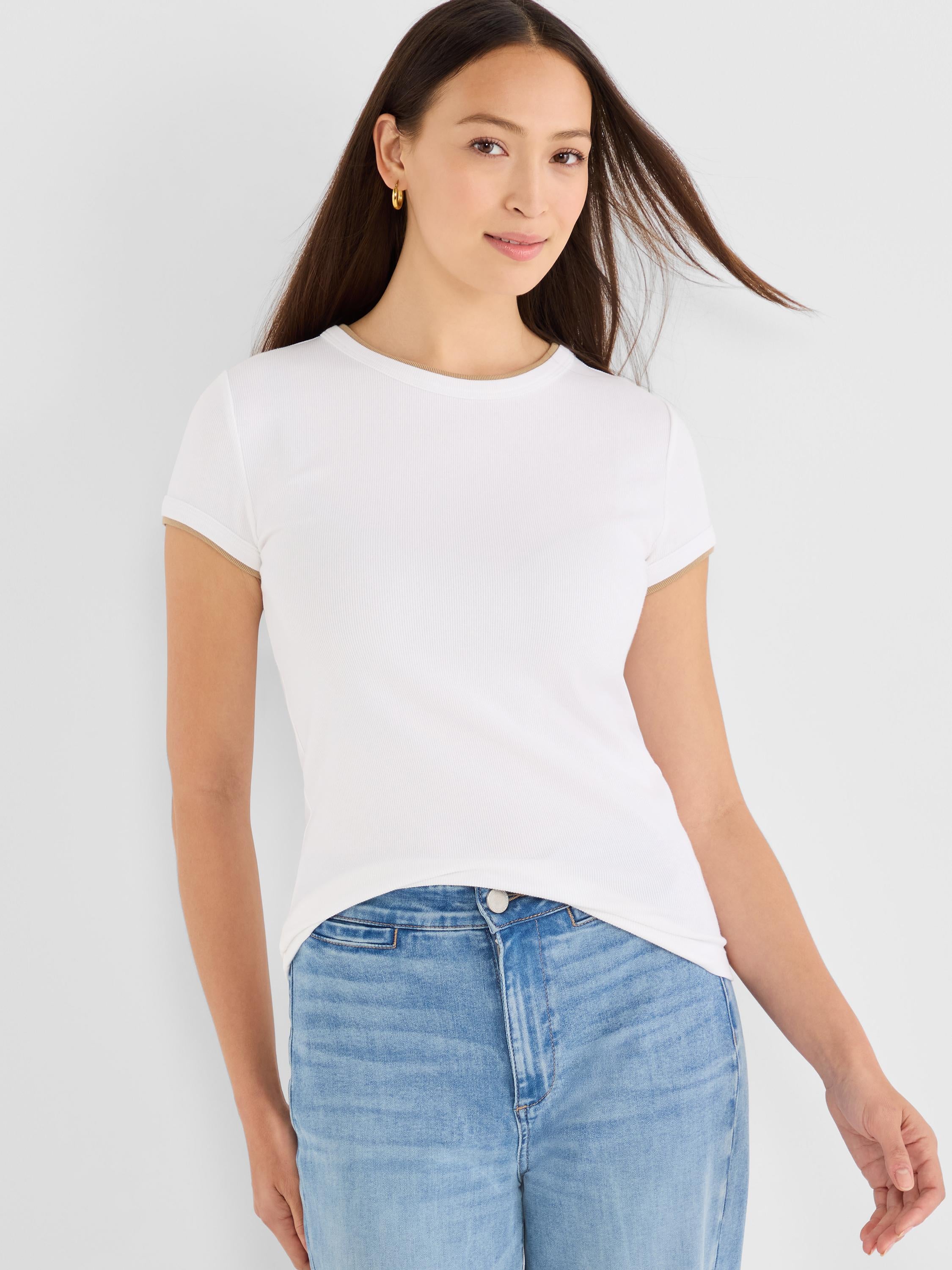 Fitted white ribbed tee has a crewneck and short sleeves finished with subtle contrast tan trim.