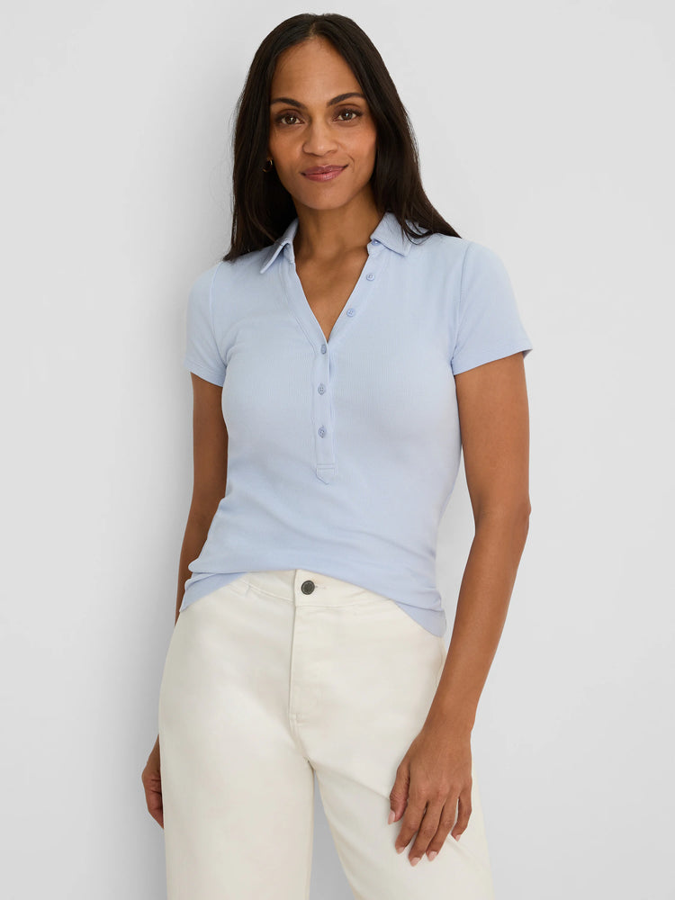Light blue ribbed knit short sleeve polo with a collar and buttoned V-neck.