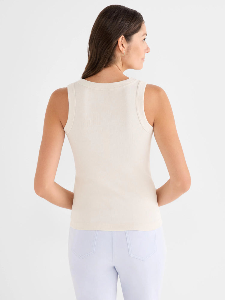 Cream ribbed scoop tank, fitted, shown from behind on a model with a modest scoop back neckline.
